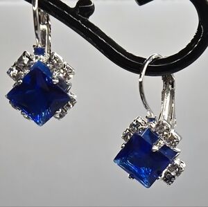 Cobalt Blue Earrings Square Cut Glass Stones Two Rhinestones on Each Side